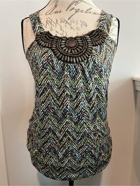 Beaded Chevron-Print Sleeveless Blouse - Green/Blue/Brown